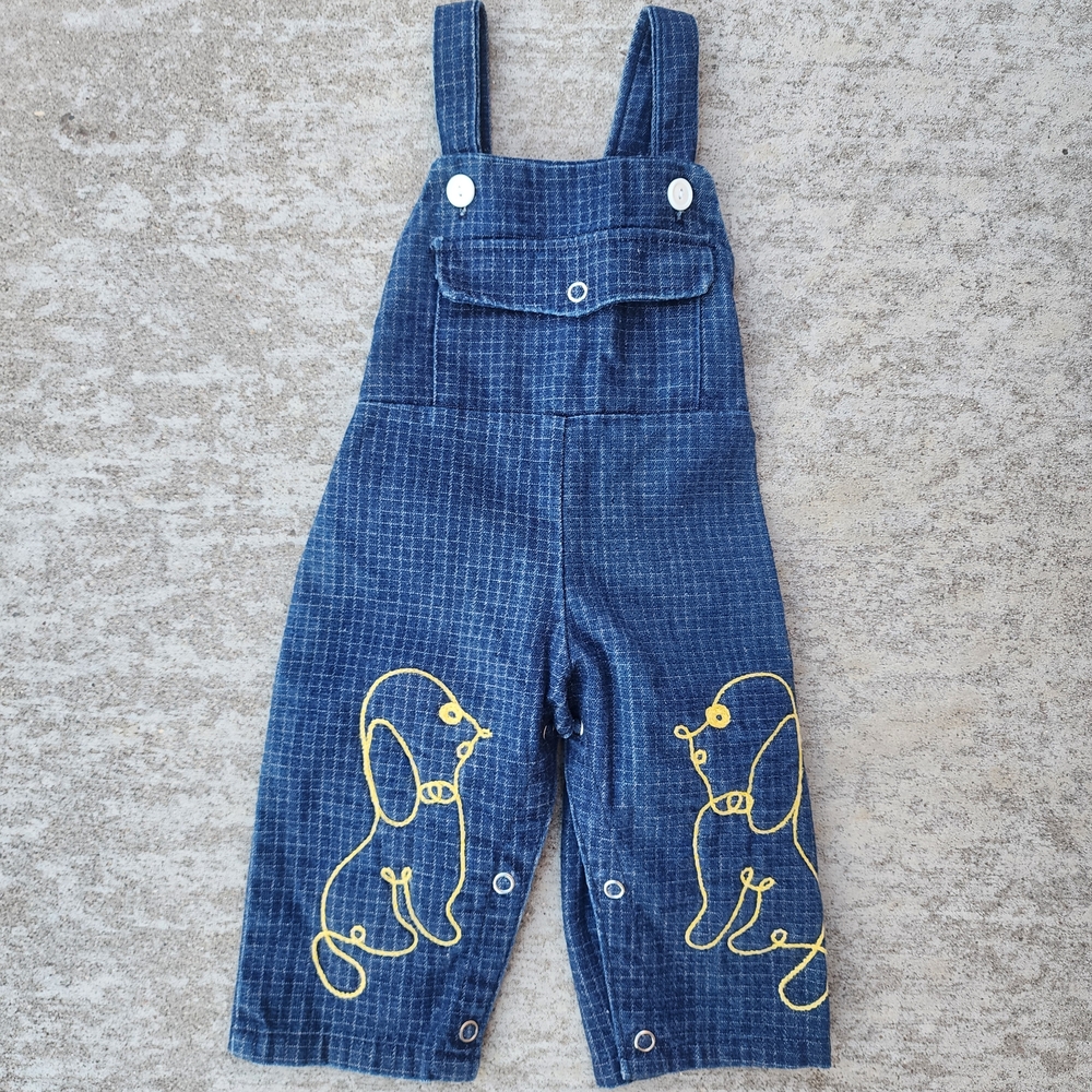 VTG Rodeo Drive Cali Baby Checkered Denim Blue Overalls, Embroided Yellow Dog,9M